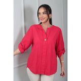 By Saygı Kadın Düğme Detaylı Italyan Cotton Oversize Bluz - Standart - Koyu Pembe
