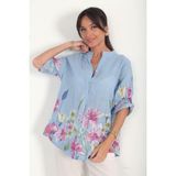 By Saygı Kadın Italyan Etek Uçları ve Kolları Büyük Çiçekli Oversize Cotton Gömlek - Standart - Bebek Mavisi