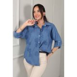 By Saygı Kadın Italyan Yıldız Çiçeği Kabartmalı Nakış Detaylı Cotton Gömlek - İndigo