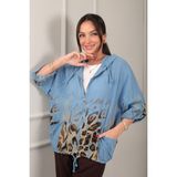 By Saygı Kadın Kapüşonlu Düğmeli Uzun Kollu Cepli Leopar Desen Italyan Cotton Ceket - Standart - İndigo