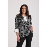 By Saygı Kadın Patlı Yakalı Etnik Desen Büyük Beden Bluz - 2XL - Siyah - Beyaz