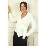 By Saygı Kruvaze Yaka Kol Düğme Detaylı Krep Saten Bluz, S-24Y0840080
