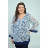 By Saygı V Yaka Desenli Büyük Beden Şifon Bluz, S-25Y1040008