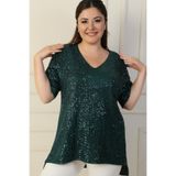 By Saygı V Yaka Pulpayet B.B Tunik, Zümrüt, 4XL
