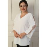 By Saygı V Yaka Yarı Organze Krep Büyük Beden Bluz, S-24Y1040002
