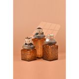 By Uzunoğlu El Yapımı Özel Tasarım Çay Kahve Şeker Kavanozu - 3'lü Set - Vakumlu Ahşap Kapaklı (Dore Detaylı) - Medium Amber Çiçekli Cam - Mutfak ve Ev Dekorasyonu