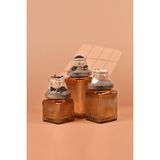 By Uzunoğlu El Yapımı Özel Tasarım Çay Kahve Şeker Kavanozu - 3'lü Set - Vakumlu Ahşap Kapaklı (Dore Detaylı) - Medium Amber Çizgili Cam - Mutfak ve Ev Dekorasyonu