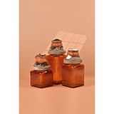 By Uzunoğlu El Yapımı Özel Tasarım Çay Kahve Şeker Kavanozu - 3'lü Set - Vakumlu Ahşap Kapaklı (Turuncu Detaylı) - Dark Amber Çizgili Cam - Mutfak ve Ev Dekorasyonu
