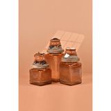 By Uzunoğlu El Yapımı Özel Tasarım Çay Kahve Şeker Kavanozu - 3'lü Set - Vakumlu Ahşap Kapaklı (Turuncu Detaylı) - Light Amber Çizgili Cam - Mutfak ve Ev Dekorasyonu