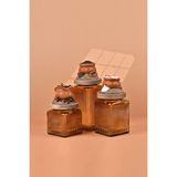 By Uzunoğlu El Yapımı Özel Tasarım Çay Kahve Şeker Kavanozu - 3'lü Set - Vakumlu Ahşap Kapaklı (Turuncu Detaylı) - Medium Amber Çizgili Cam - Mutfak ve Ev Dekorasyonu
