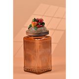 By Uzunoğlu El Yapımı Özel Tasarım Kavanoz - 1000 ml - Vakumlu Ahşap Kapaklı (Biber Detaylı) - Light Amber Çizgili Cam - Mutfak ve Ev Dekorasyonu