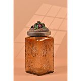 By Uzunoğlu El Yapımı Özel Tasarım Kavanoz - 1000 ml - Vakumlu Ahşap Kapaklı (Böğürtlen Detaylı) - Medium Amber Çiçekli Kare Cam - Mutfak ve Ev Dekorasyonu Medium Amber