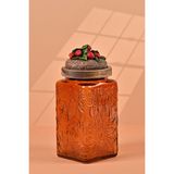 By Uzunoğlu El Yapımı Özel Tasarım Kavanoz - 1000 ml - Vakumlu Ahşap Kapaklı (Çilek Detaylı) - Dark Amber Çiçekli Kare Cam - Mutfak ve Ev Dekorasyonu