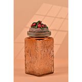 By Uzunoğlu El Yapımı Özel Tasarım Kavanoz - 1000 ml - Vakumlu Ahşap Kapaklı (Çilek Detaylı) - Light Amber Çiçekli Kare Cam - Mutfak ve Ev Dekorasyonu