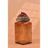 By Uzunoğlu El Yapımı Özel Tasarım Kavanoz - 1000 ml - Vakumlu Ahşap Kapaklı (Çilek Detaylı) - Medium Amber Çiçekli Kare Cam - Mutfak ve Ev Dekorasyonu