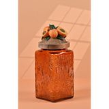 By Uzunoğlu El Yapımı Özel Tasarım Kavanoz - 1000 ml - Vakumlu Ahşap Kapaklı (Kayısı Detaylı) - Dark Amber Çiçekli Kare Cam - Mutfak ve Ev Dekorasyonu