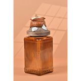 By Uzunoğlu El Yapımı Özel Tasarım Tuz Baharat Kavanozu - 1000 ml - Vakumlu Ahşap Kapaklı (Turuncu Detaylı) - Medium Amber Çizgili Cam - Mutfak ve Ev Dekorasyonu