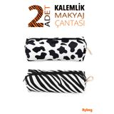 BYBAG 2 ADET Kalemlik İnek Desenli Ve Zebra Desenli Kalemlik Fermuarlı Makyaj Çantası Kalem Kutusu