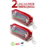 Bybag 2 Adet Pvc Kalemlik Fermuarlı Şeffaf Makyaj Çantası Kalem Kutusu Kırmızı