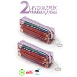 BYBAG 2 ADET PVC Kalemlik Fermuarlı Şeffaf Makyaj Çantası Kalem Kutusu Mor Lila