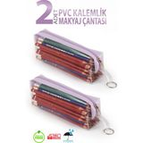 Bybag Fermuarlı Mor Lila PVC Kalemlik 2 Adet Kapasiteli Şeffaf Makyaj Çantası Dayanıklı Yapı