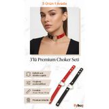 BYBAG Kadın 3'lü Set Kalp Detaylı Ayarlanabilir Suni Deri Choker Tasma Kolye Siyah Kırmızı