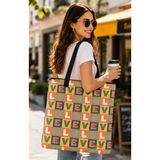 Bybag Love Retro Desenli Kadın Omuz Çantası - Fermuarlı Büyük Boy Oxford Kumaş Günlük Tote Bag 40X35 cm - 45cm x 40cm - Bej