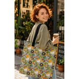 Bybag Retro Kedi Ve Kitap Temalı Kadın Omuz Çantası - Fermuarlı Büyük Boy Oxford Kumaş Bez Çanta 40X35 Cm
