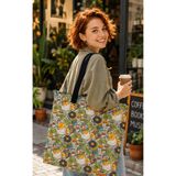 BYBAG Retro Kedi ve Kitap Temalı Kadın Omuz Çantası - Fermuarlı Büyük Boy Oxford Kumaş Bez Çanta 40x