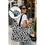 Bybag Siyah Beyaz İnek Desenli Plaj Çantası Büyük Boy Fermuarlı Tote Bag
