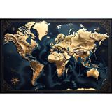 BYBARS Lacivert Gold Dünya Haritası Dekoratif Tablo – 40x50 cm – 3mm Forex PVC Duvar Tablosu – Modern Ofis ve Salon Dekoru