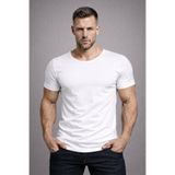 BYBÜLENT Erkek Beyaz Oval Etek Normal Geniş Yaka Pamuklu Slim Fit Kısa Kollu Tişört T-shirt