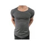 BYBÜLENT Erkek Oval Yaka Tişört Açık Yaka Likralı Slim Fit T-shirt Gri