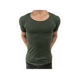 BYBÜLENT Erkek Oval Yaka Tişört Açık Yaka Likralı Slim Fit T-shirt Haki Vr111