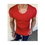 BYBÜLENT Erkek Oval Yaka Tişört Açık Yaka Likralı Slim Fit T-shirt Kırmızı Vr098