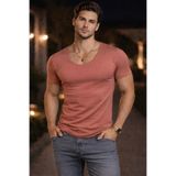 BYBÜLENT Erkek Oval Yaka Tişört Açık Yaka Likralı Slim Fit T-shirt Pudra Vr047