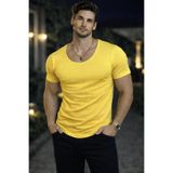 BYBÜLENT Erkek Oval Yaka Tişört Açık Yaka Likralı Slim Fit T-shirt Sarı Vr044
