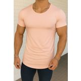 BYBÜLENT Erkek Pembe Dar Kesim Oval Etek Geniş Yaka Slim Fit Kısa Kollu Tişört T-shirt