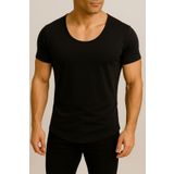 BYBÜLENT Erkek Siyah Dar Kesim Oval Etek Geniş Yaka Slim Fit Kısa Kollu Tişört T-Shirt