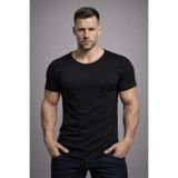 BYBÜLENT Erkek Siyah Oval Etek Normal Geniş Yaka Pamuklu Slim Fit Kısa Kollu Tişört T-shirt