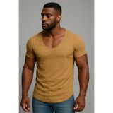 BYBÜLENT Premium Kalite Erkek Dar Kesim Geniş Yaka Tam Likralı Alt Oval Slim Kesim Tişört T-Shirt