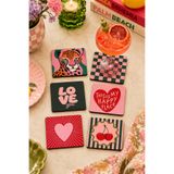 BYC TÜRKİYE Kare Retro & Pop Art Desenli Bardak Altlığı 6’lı Set – 9 cm, 3 mm MDF, UV Baskı Dekoratif Bardak Altlık