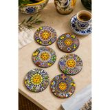 BYC TÜRKİYE Sunshine Sicilya Temalı Bardak Altlığı 6’lı Set – Güneş Figürlü Limon Desenli, 9 cm, 3 mm MDF, UV Baskı Dekoratif Bardak Altlık