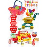 BYCEGU 3 LÜ SET MEYVE SEPETİ ALİŞVERİŞ ARABASI MEYVELERİ VE YAZARKASA ALİŞVERİŞ SETİ