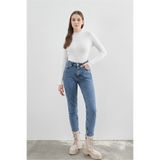 ByCukurovaFrango BY-5343 Double Kar Mavi Mom Jeans Likralı Yüksek Bel Yıkamalı Kot Ekstra Rahat Taş Dar Paça Pantolon