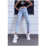 ByCukurovaFrango BY-6631 Yüksek Bel Kar Yıkama Buz Mavisi Mom Jean Taş Jeans Dar Paça Kot Pantolon