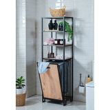 Bye Concept & More Dekoratif Kirli Sepetli Banyo Dolabı Ahşap Raflı Metal Gövdeli 4 Raflı Çamaşır Sepeti Banyo Düzenleyici Organizer