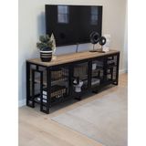 Bye Concept & More Dekoratif Metal Gövdeli Ahşap Raflı Tv Ünitesi 3 Raflı 4 Kapaklı Tv Sehpası 150 x 36 cm Televizyon Ünitesi