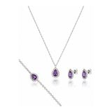 byess 925 Ayar Gümüş Ametist Taşlı Damla Kolye Küpe Bileklik Set