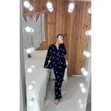ByGamzeArman Siyah Renk Uzun Kol Mevsimlik Pamuk Kumaş Geniş Kalıp Kalp Desenli Hamile Lohusa Pijama Takımı